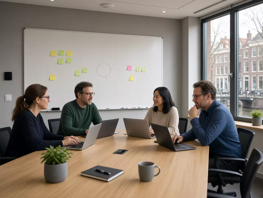 Team werkt samen in een vergaderruimte met Microsoft 365
