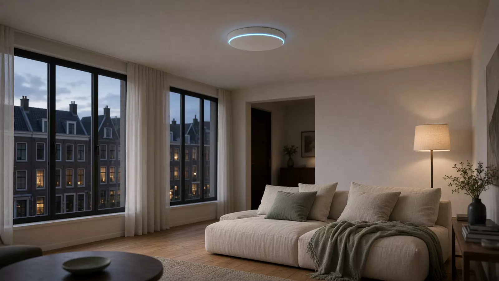 Modern interieur in de schemering met een plafond-access point waarvan het cyan statuslampje zacht gloeit