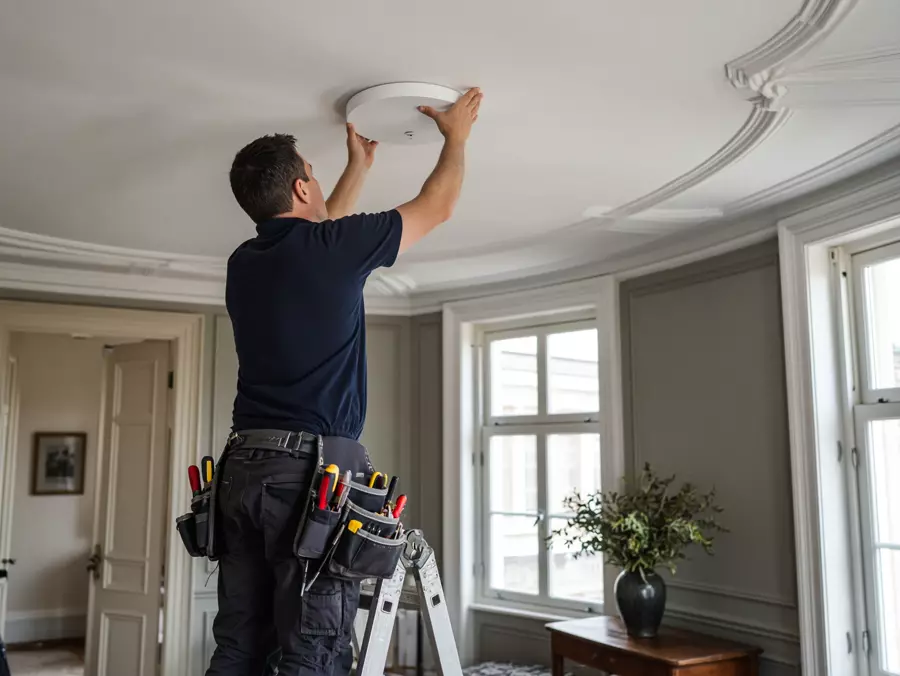 Installateur bevestigt een plafond-access point in een villa
