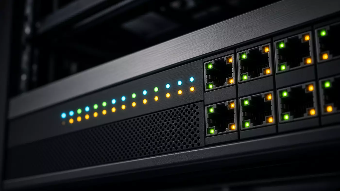 Netwerkswitch in een rack met statuslampjes op de poorten