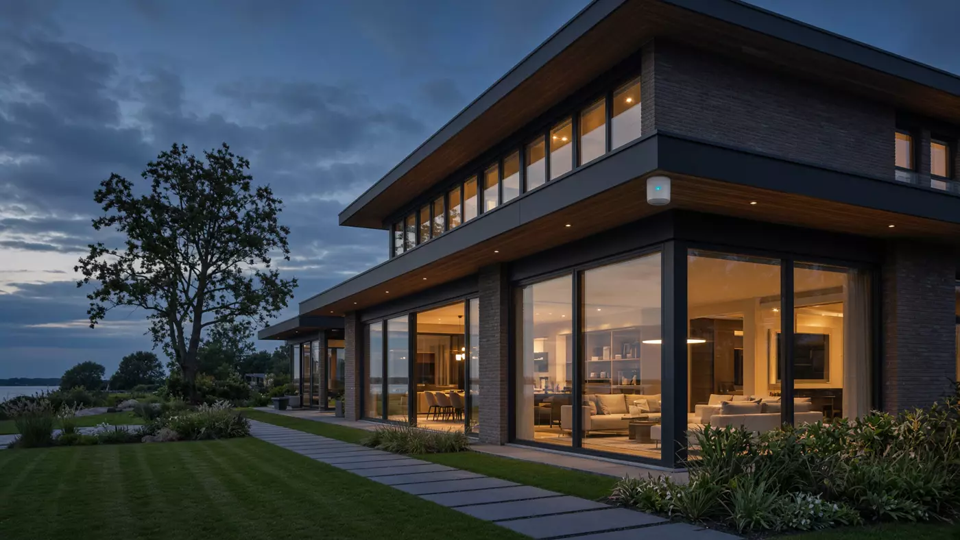 Moderne villa in de schemering met outdoor access point